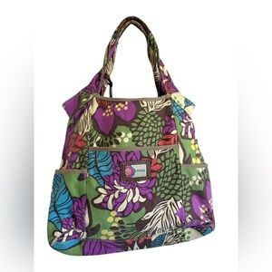 Fossil Floral Retro Style Multicolor Canvas Tote - Green, Purple, Blue Accents